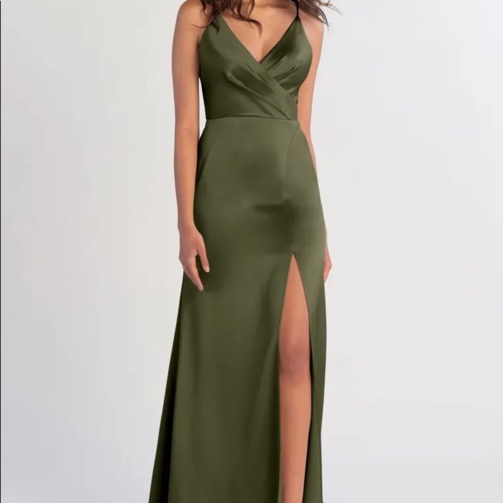 JENNY YOO | Beckett | Olive Green | Satin | V-Neck| Bridesmaid Dress | Size 6
